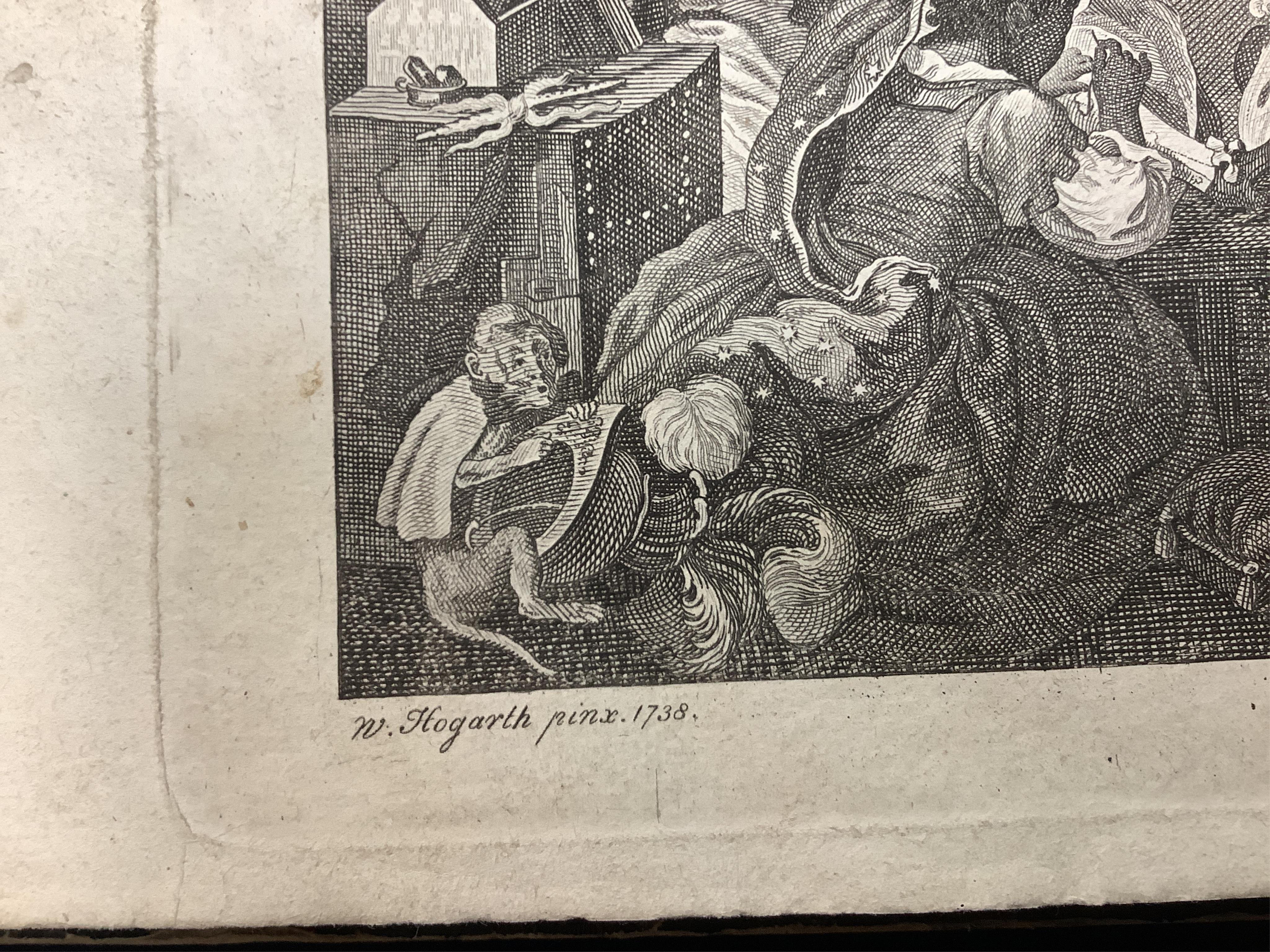 An album of 18th century and later etchings after William Hogarth (1697-1764), to include 'The Reward of Cruelty', 'Strolling Actresses Dressing in a Barn' and 'The Company of Undertakers', with handwritten ink itinerary